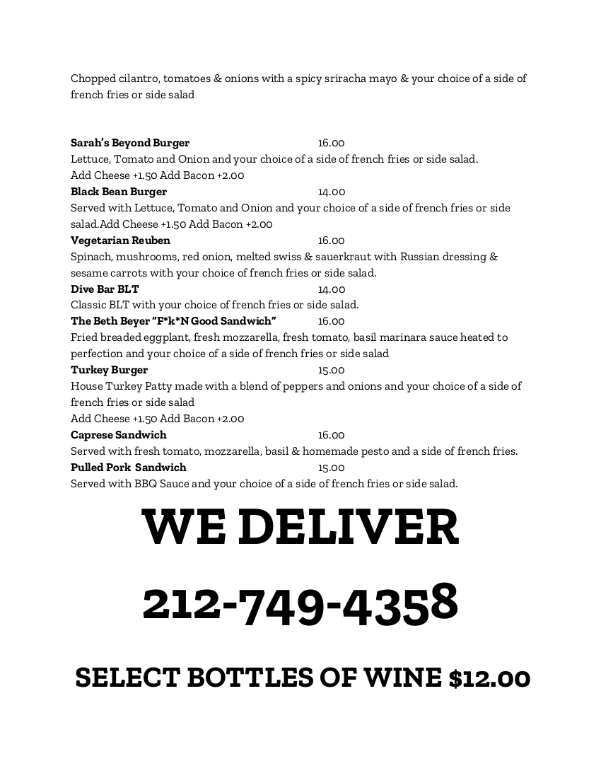 Dive Bar Menu Our Food Menu available at Dive Bar 96th St.